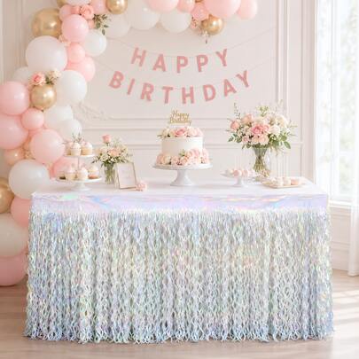 1pc White Laser Wave Fringe Table Skirt, Party Table Edge Decoration, Birthday Banquet Dessert Table Setup, Wedding Holiday Celebration Table Skirt, Disco Silver White Shiny Party Decoration Supplies