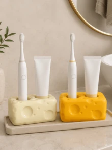 1pc Cute Cheese Style Toothbrush Stand, Dual Hole Electric Toothbrush And Toothpaste Holder, Bathroom Vanity Organizer, Modern Home Bathroom Accessory - A - View 6