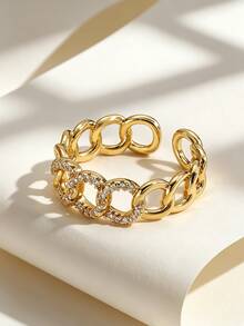 Charm-In 18K Gold Plated Chunky Link Chain Open Cuff Ring Partial Pave Zirconia Adjustable Stack Band Streetwear Jewelry For Women - Yellow Gold - View 1
