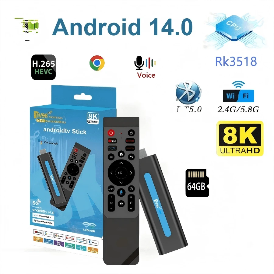 Q96 OHP TV98 RK3518 電視棒，Android 14 系統，雙頻 WiFi (4G/5G) 支援，8K 高畫質影片，語音遙控器，預裝應用程式，64G 記憶體，支援 IPTV - 藍色 - 查看 1