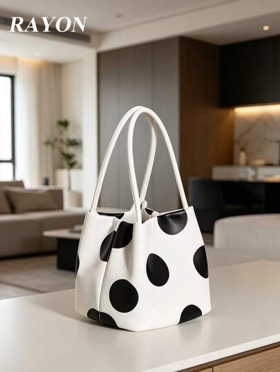 1pc Glossy PU Leather Black & White Contrast Polka Dot Print Handbag Bucket Bag Suitable For Office Commute