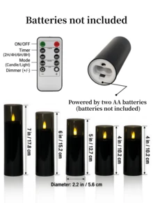 2/3/5件組 無焰遙控LED電子蠟燭，電池供電定時 LED 蠟燭，無煙浪漫裝飾柱狀蠟燭，適用於家居裝飾、臥室、婚禮、求婚、聖誕節、公司派對、派對、桌面中心裝飾，蠟燭暖燈，仿真蠟燭，禮物（黑色，直徑2.2英吋，高度4英吋/5英吋/6英吋/7英吋） - 黑色 - 查看 8