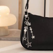 1pc Black & White Minimalist Star Beaded Keychain Pendant, Double-Layered Large & Small Pentagram Cross Metal Charm, Sweet & Cool Versatile Accessory For Backpacks And Phone Cases - Black and White 2 - View 4
