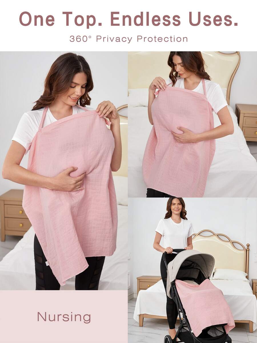 1pc Pink Lightweight All-Season Wrinkled Nursing Cover, Soft And Skin-Friendly, Multi-Functional, Can Be Used As Car Seat And Stroller Sunshade - Multicolor - View 1