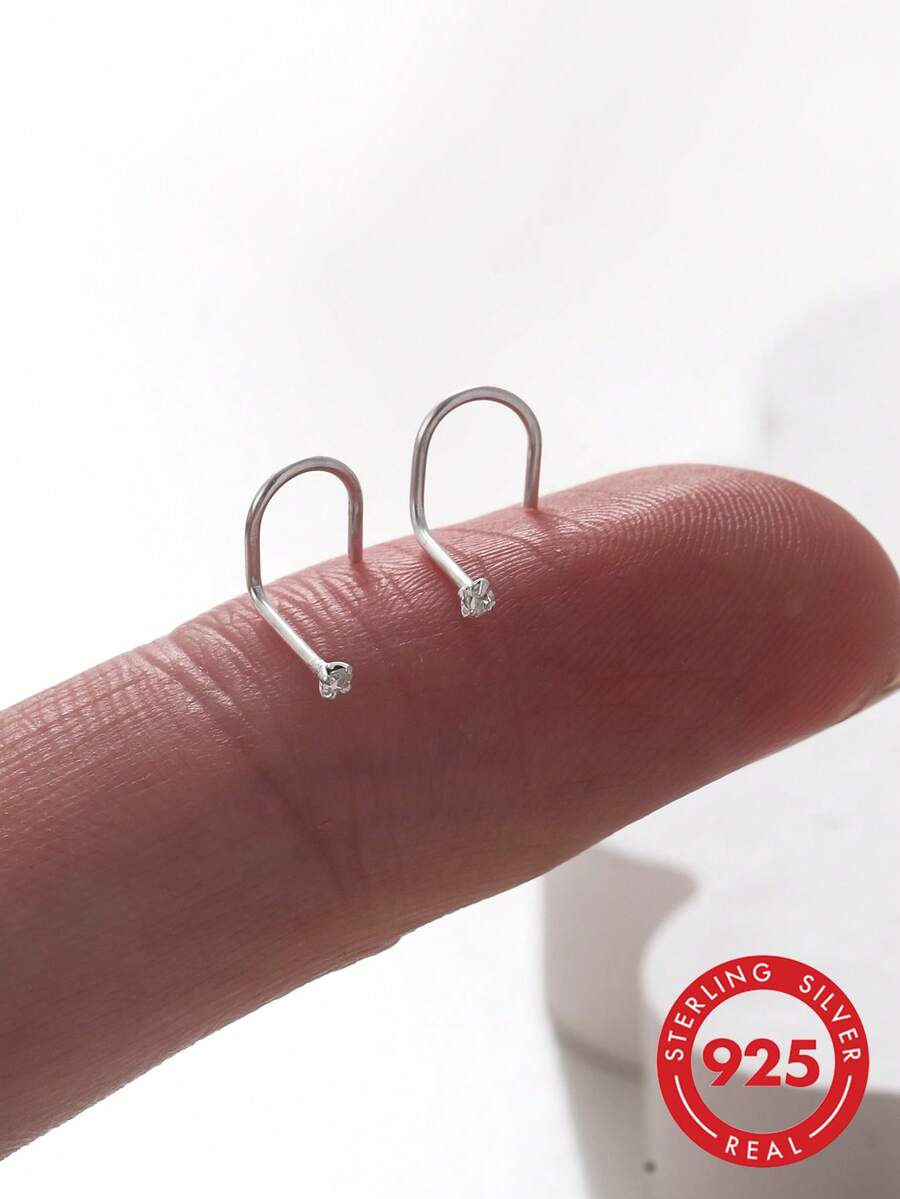 2 chiếc khuyên mũi bằng bạc Sterling 925, khuyên mũi dạng đinh, móc mũi, vít mũi, pha lê 1.5mm, phụ kiện kim 24G - Bạc - Xem 1