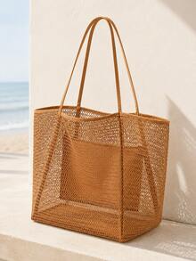 4Pcs Large Mesh Beach Tote Bag With Zipper Pocket, Lightweight Shoulder Bag For Pool, Travel, Shopping, Gym, Picnic, Vacation And Daily Use - Beige - View 1