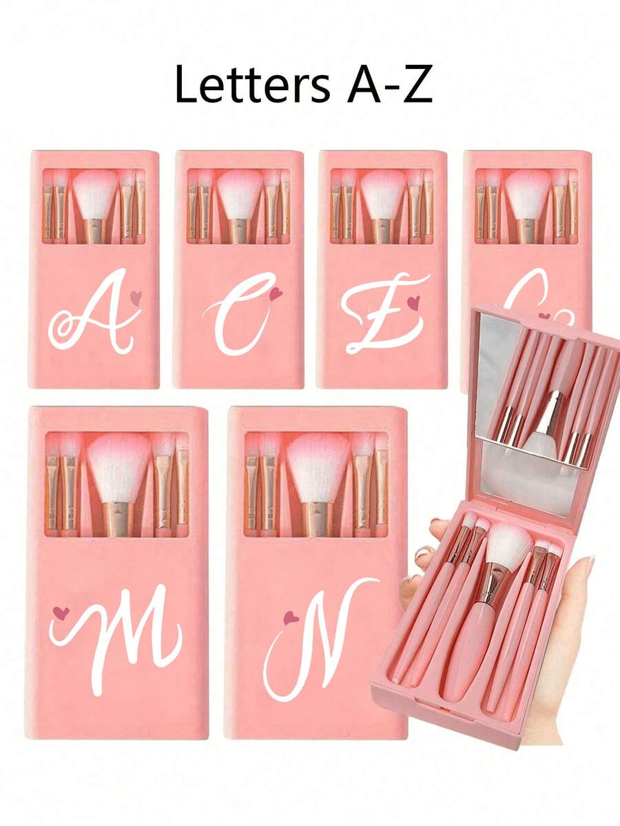 1 Set Portable Makeup Brush Set With Mirror, Heart-Shaped Letter A-Z Print, Boxed Makeup Brush Set, Multi-Functional Foundation Brush And Eyeshadow Brush, High-Quality Bristles, Beginner Makeup Tools, Cosmetic Storage Rack, Suitable For Travel, Daily Use, Home Use, Perfect Gift For Girls, Teens, Makeup Enthusiasts, And Essential For Mother's Day, Father's Day, Graduation, National Day - Multicolor - View 1