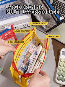 1pc Preppy Colorblock Clear Mesh TPU Oxford Fabric Rectangular Pencil Case With Zipper, Multi-Layer Large Capacity Letter Print Cosmetic Bag, Portable Student School Office College Supplies Desk Stationery Organizer, All-Season - Multiple Colors and Styles - View 4