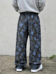 Fractyr Men's Elastic Waist Drawstring Sports Pants, American Vintage Tree Pattern Camouflage Print Wide Leg Pants With Drawstring Elastic Waist, Draped Loose Fit Casual Long Pants For Daily Wear - Blue - View 4