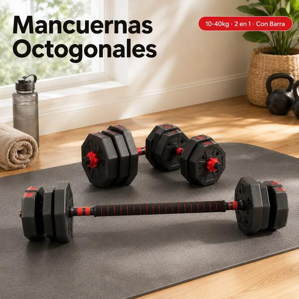 Halteres Octogonais Ajustáveis 30kg, Conjunto 2 em 1 Halteres e Barra, Antiderrapantes e Desmontáveis, Design Antirrolamento, Treino de Corpo Inteiro em Casa, Ideal para Iniciantes e Avançados