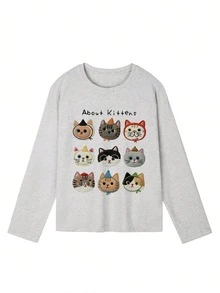 Women's Autumn Loose Fit Versatile Round Neck Fashion Casual Cat Pattern Letter Print Comfortable Long Sleeve T-Shirt - Light Gray - View 7