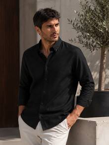 100% Cotton Linen, Breathable, Lightweight, Button-Down Collar, Men's Linen Shirt - Black - View 1