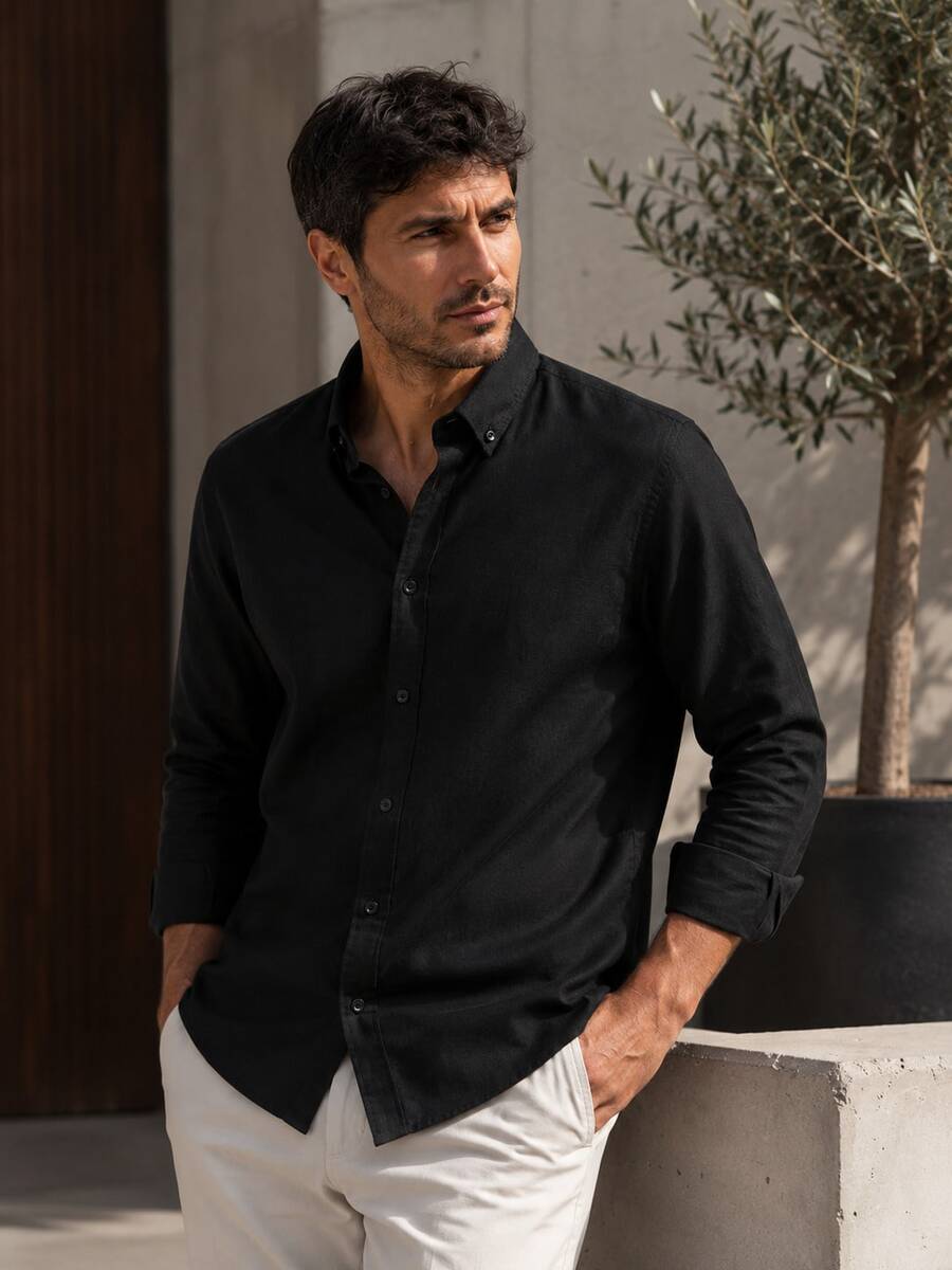 100% Cotton Linen, Breathable, Lightweight, Button-Down Collar, Men's Linen Shirt - Black - View 1