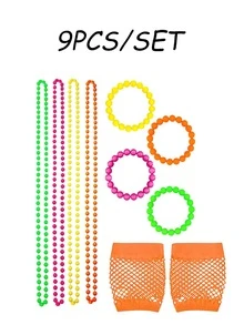 Neon Beaded Necklace & Bracelet Set With Pink Fishnet Gloves, 80s Retro Outfit, Suitable For Halloween, EDM Parties, Summer Beach Parties And Theme Events - Hot Pink - View 6