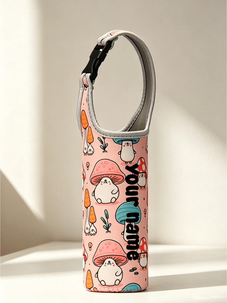 1pc Slanted Cup Sleeve, Pink Mushroom Pattern, Can Be Worn Crossbody Or Handheld, Travel Essential, Customized Travel Name Text Insulated Neoprene Water Bottle Holder With Adjustable Strap, Fits 12oz To 40oz Stainless Steel, Glass And Plastic Bottles - Pink - View 8