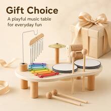 1 Set Wooden Music Activity Table Toy For Kids, Multi-Instrument Play Set With Xylophone, Drum, Cymbal, Chime And 2 Mallets - Multicolor - View 9