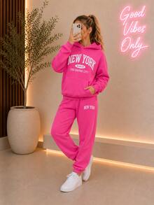 2-Piece Girls' Thermal Sweatshirt Set With Hood And Jogger Pants, Sizes 8-14 - 玫紅色 - 查看 2