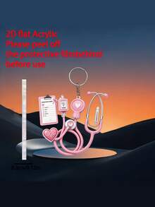 2D Flat Acrylic Keychain, Pink Stethoscope + Blood Pressure Monitor Set, 1pc, Medical Style Healing Pendant, Ideal Gift For Nurses, Doctors And Medical Enthusiasts, Lightweight And Soft - Multicolor - View 3