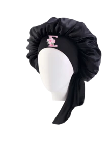 1pc Children's Black Satin Sleep Cap With Tie, Pink Flower & Letter Customization, Toddler Nighttime Hair Protection Cap, Adjustable Hair Cap For 9-12 Years Old - Multicolor - View 9