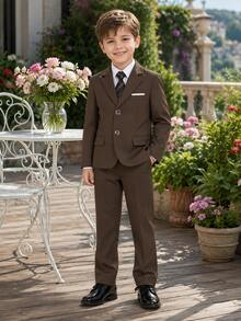 Young Boy Suit Set, Young Boy Piano Performance Outfit, Wedding Flower Boy Dress, 3-Piece Set: Suit Jacket + Pants + Tie - Brown - View 7