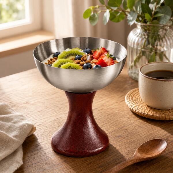 1 pieza Tazón de acero inoxidable 304 para frutas, yogur y postres con base de madera, taza de helado para sala de estar, mesa de café y servicio en fiestas