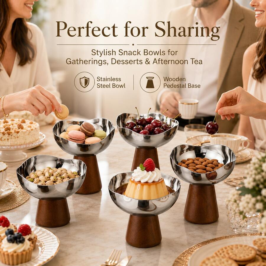 1pc/2pcs/3pcs Stainless Steel Snack Bowl With Wooden Base, Elegant Dessert Cup, Suitable For Nuts, Fruit, Ice Cream And Party Table Decoration - Bowl - View 1