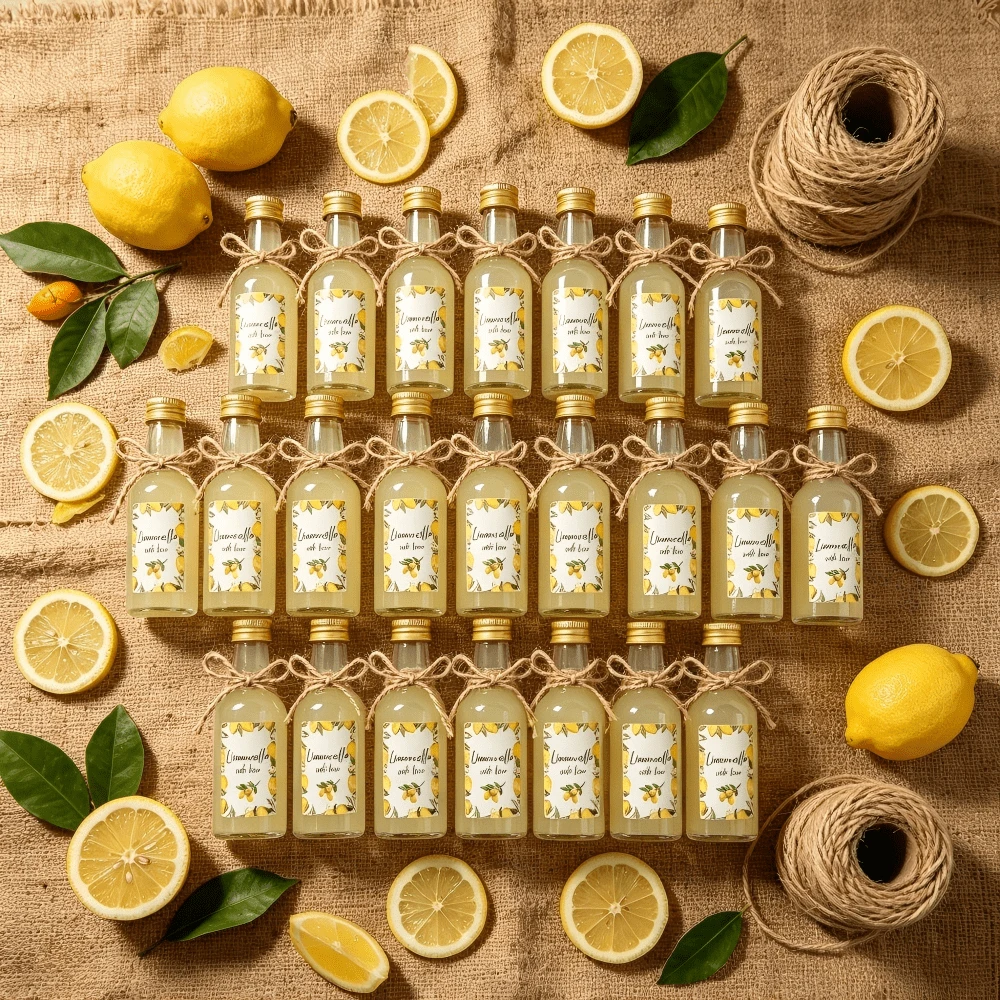 50 Sets Empty Lemon Liqueur Plastic Bottles With Gold Screw Caps, Including Lemon Stickers And Decorative Jute Rope, DIY Liqueur Containers, Amalfi Coast Country Wedding, Sicily Lemon Festival Packaging, Tuscany Farm Welcome Gifts, Souvenirs - Yellow - View 1
