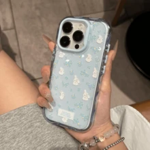 Funda de teléfono con estampado de conejo floral azul, carcasa transparente a prueba de golpes con borde ondulado, compatible con todos los modelos de 15/14/13 (sin cordón incluido) - Celeste - Ver 3