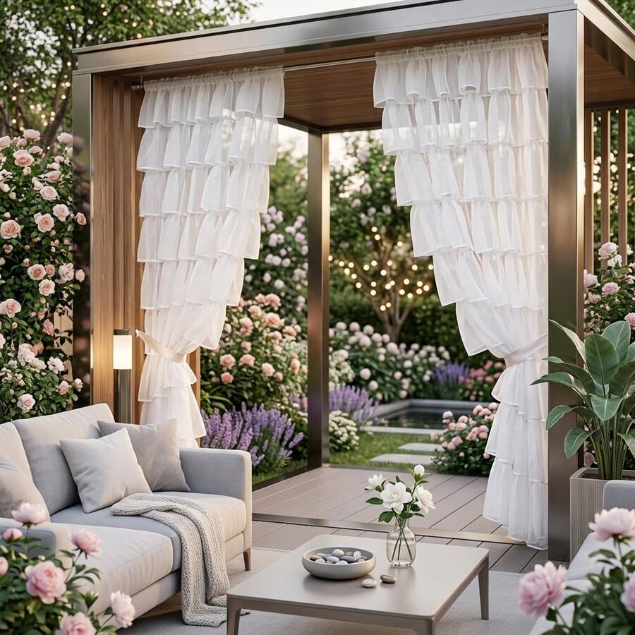 FLYINGCURTAINS 1pc French Elegant Ruffle Sheer Curtain, Nordic Luxury Solid Color Translucent Lightweight Soft Ruffle Window Curtain, Suitable For Living Room, Bedroom, Party, Holiday Home Decor,Outdoor/Indoor - Multicolor - View 1