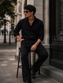 Lino, Transpirable & Ligero, Diseño de Cuello con Botones, Camisa de Lino para Hombre - Negro - Ver 1