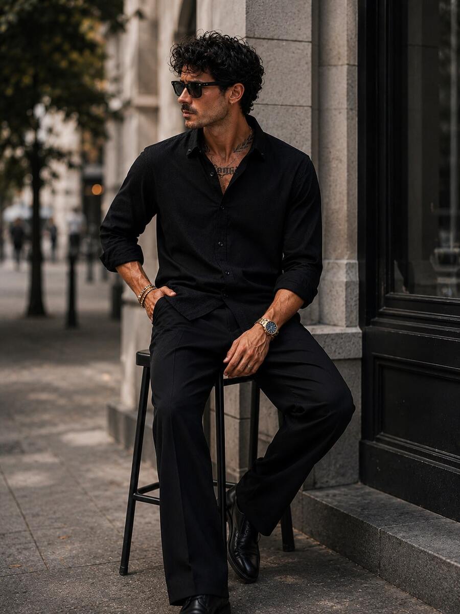 Lino, Transpirable & Ligero, Diseño de Cuello con Botones, Camisa de Lino para Hombre - Negro - Ver 1