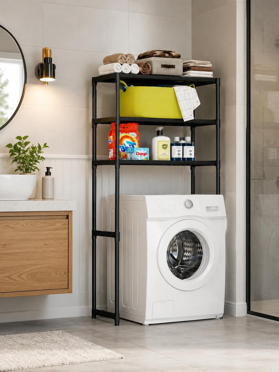 No-Drill Bathroom/Shower Rack For Washing Machines And Toilets, Floor-Standing Design, Toilet Seat Holder, Washing Machine Bracket, Shelf Above The Washing Machine. - Black - View 1