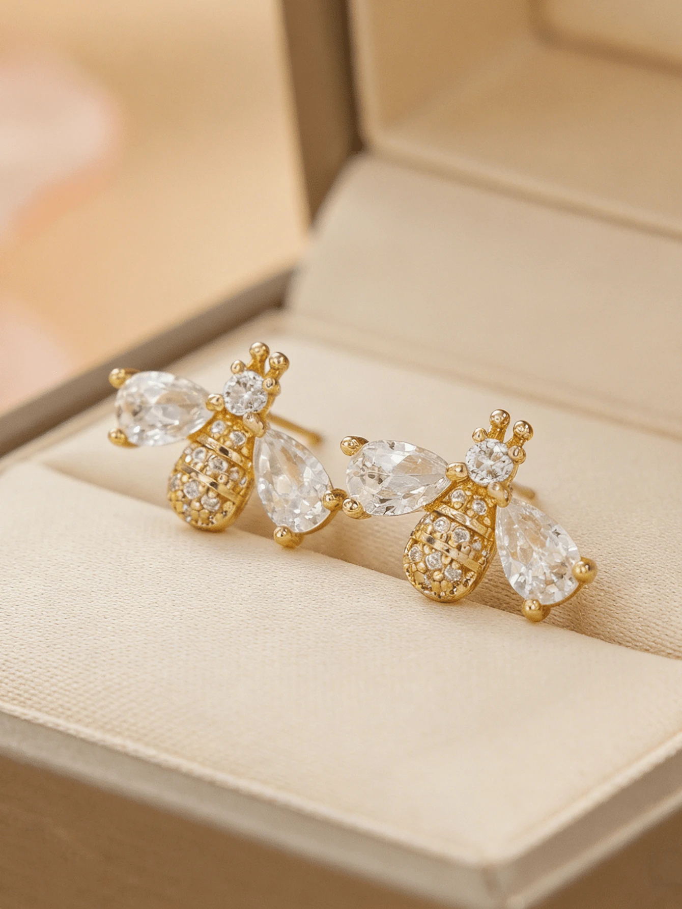 CHICAT 1 Pair Delicate Small Micro-Inlaid CZ Bee Stud Earrings For Women, Pear-Cut Crystal Wings, Tiny Honey Bee Insect Design, Cute Minimalist Daily Wedding Jewelry For Ladies - Gold - View 1