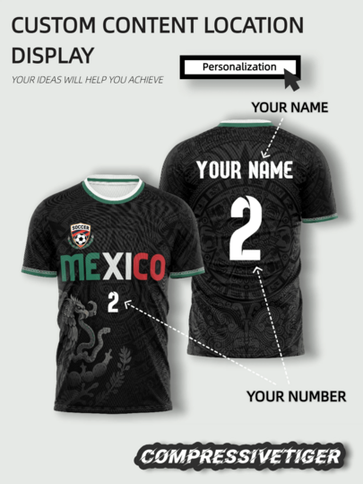 Camiseta de fútbol personalizada de México - Negra con ribete verde, hecha de tela ligera de secado rápido, se puede añadir tu nombre y número deportivo