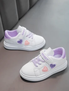Girls' Heart Design White Sneakers, Spring/Autumn New Purple & Pink Color Block Hook & Loop Strap Board Shoes, Soft Sole Non-Slip Casual Sports Shoes For School - Mauve Purple - View 4