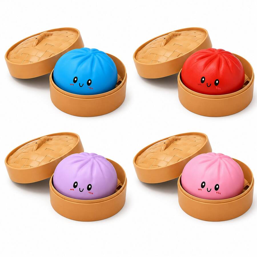 Dumpling Squishy Toy With Steamer Box, 4Pcs Blue Red Purple Pink Slow Rising Fidget Squishies, Sensory Toys For Classroom, Stress Relief Fidgets For Adults Kids, Kawaii Food Shaped Collectible Squishies, Party Favors, Soft Pinch Gift, Multicolor - 4 pcs A - 查看 1