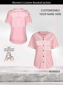 Custom Women's Baseball Jersey, Personalized Pink & White Button-Up Shirt, Customizable Team Name & Number Sports Uniform T-Shirt Summer - Pink - View 2