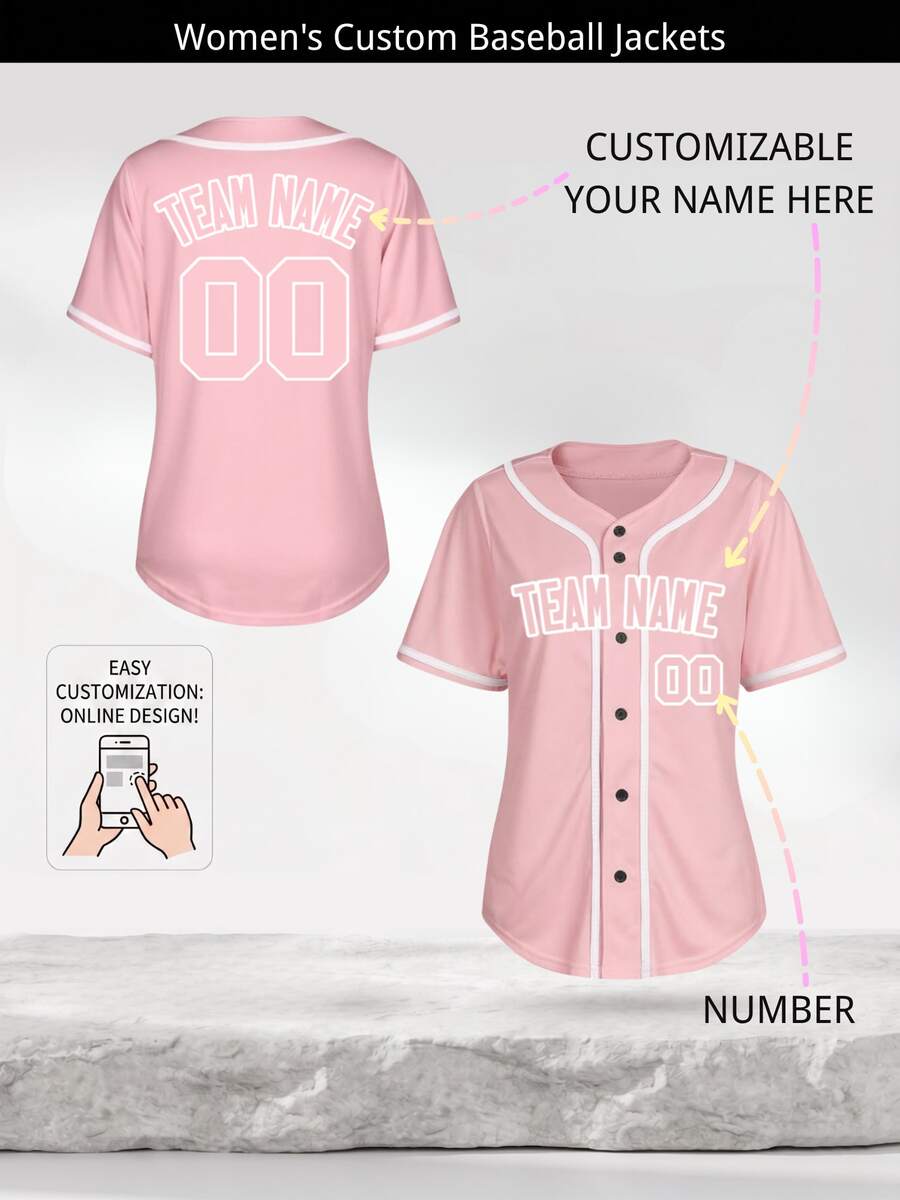 Custom Women's Baseball Jersey, Personalized Pink & White Button-Up Shirt, Customizable Team Name & Number Sports Uniform T-Shirt Summer
