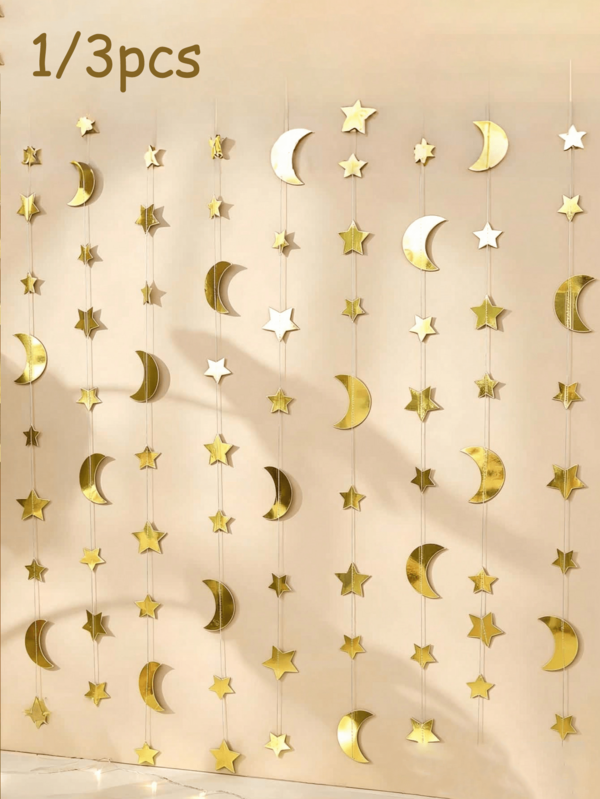 1/3pcs 2m/4m Gold Star & Moon Hanging Garland, Decorative Hanging Garland Ribbon Banner, Suitable For Birthday, Wedding, Holiday Decoration
