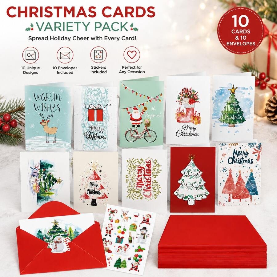 10入獨特可愛聖誕賀卡套組，附紅色信封與貼紙，聖誕襪填充禮物／Secret Santa 交換禮物，返校季適用