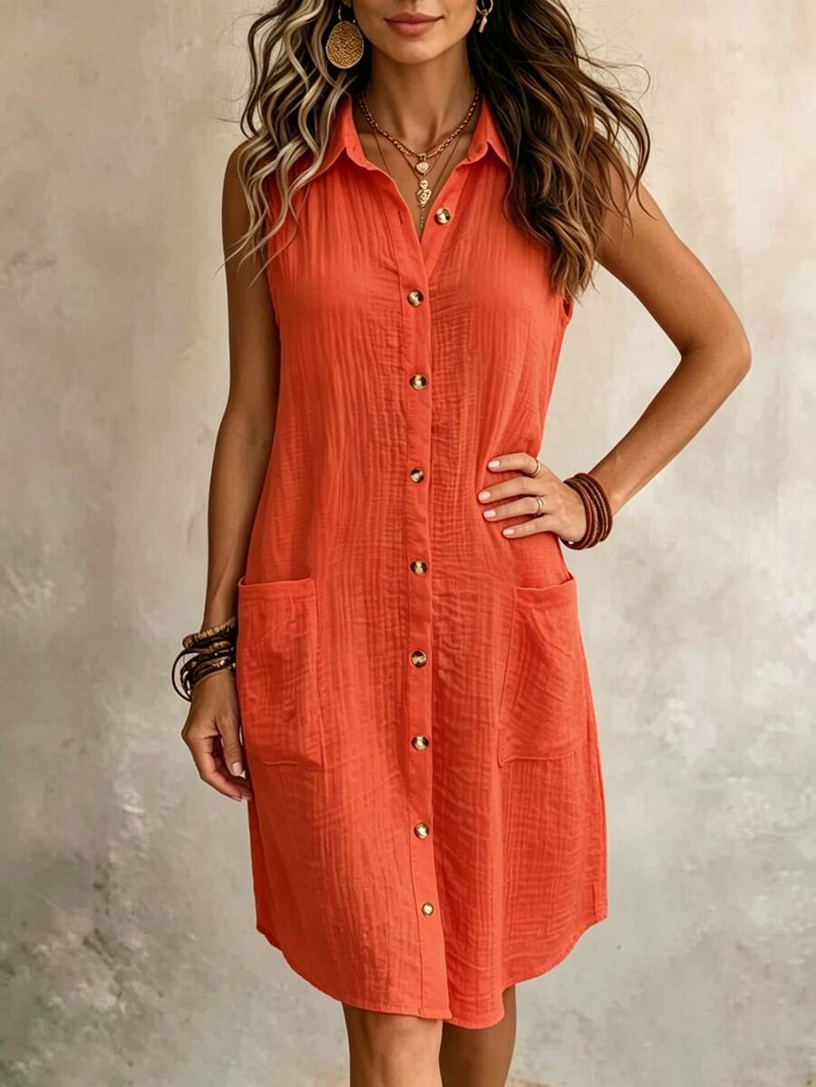 Women's Orange Lapel Collar Casual Button Front Knee-Length Dress, Sleeveless, Textured Fabric Elegant Summer - Coral Orange - View 1