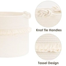 1pc Extra Large Handwoven Storage Basket - Bohemian Style, With Cute Tassel Decoration, Decorative Basket, Laundry Basket, Suitable For Storing Magazines, Toys, Blankets And Clothes, Home Decor - Home Storage Container. - White - View 6
