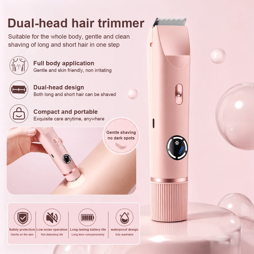 Bikini Trimmer For Women, Dual-Head Electric Body Hair Trimmer For Sensitive Areas, IP67 Waterproof Rinsable, USB-C Rechargeable Groomer For Bikini Line, Underarms, Legs & Face, Soft Pink - Pink - View 1