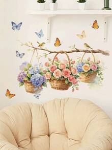 1pc Watercolor Style Branch Flower Basket Bird & Butterfly Hydrangea & Rose Floral Wall Decor Sticker, Removable Wall Decal For Bedroom, Living Room, Entryway - 1PC - View 3