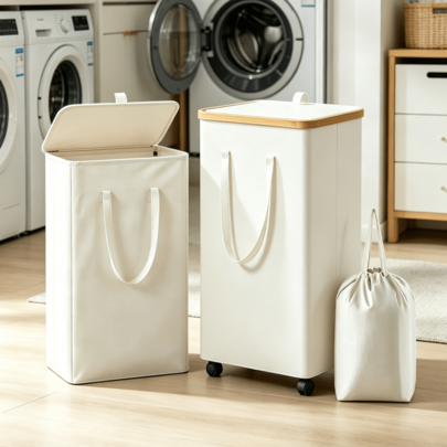 1pc 60L/100L Portable Bamboo Rim Laundry Hamper With Wheels And Lid - Comes With Inner Laundry Bag, Collapsible Dirty Clothes Basket With Handles, Extra Large Capacity Foldable Fabric Storage Basket For Home Use