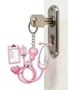 2D Flat Acrylic Keychain, Pink Stethoscope + Blood Pressure Monitor Set, 1pc, Medical Style Healing Pendant, Ideal Gift For Nurses, Doctors And Medical Enthusiasts, Lightweight And Soft - Multicolor - View 2