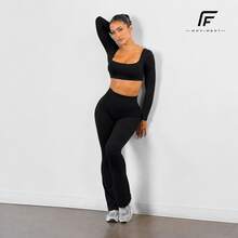 Plain Zero-Transparency Polyamide Flare Long Sleeve Fitness Gym Set - Black - View 5