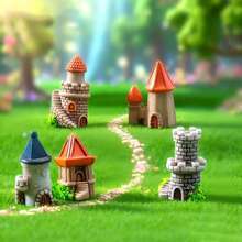 6pcs/Set, Creative European Vintage Miniature Castle House Model Decor, Collectible Architecture And Accessories, Suitable For Home Decor, Micro Landscape Gardening, Courtyard Bonsai Moss Decoration, Terrarium Decoration, As Small Gifts, Suitable For Christmas, Thanksgiving, New Year (Random Assortment) - A - View 2