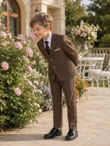 Young Boy Suit Set, Young Boy Piano Performance Outfit, Wedding Flower Boy Dress, 3-Piece Set: Suit Jacket + Pants + Tie - Brown - View 9