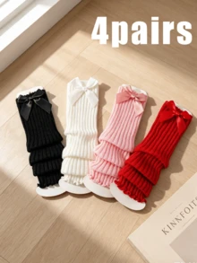 4 Pairs Girls Satin Big Bow Ribbed Ruffle Leg Warmers, Elastic Knit Leg Covers, Soft Skin-Friendly Princess Dress Accessories, Versatile Daily Holiday Party Baby Decorative Leg Warmers - Multicolor - View 2
